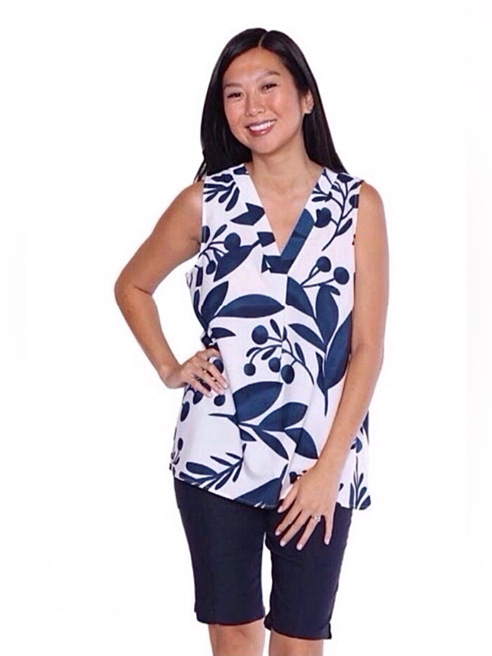 Papa Vancouver Pleated Front Tank Top-White/Navy